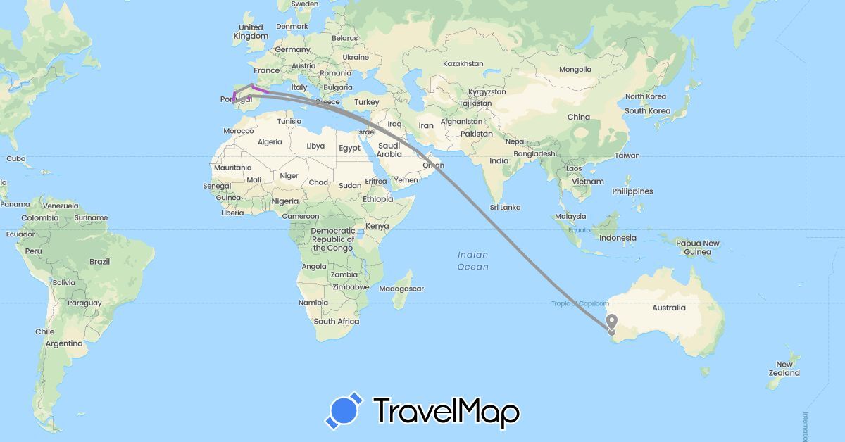 TravelMap itinerary: driving, plane, train in Australia, Spain, Portugal, Qatar (Asia, Europe, Oceania)